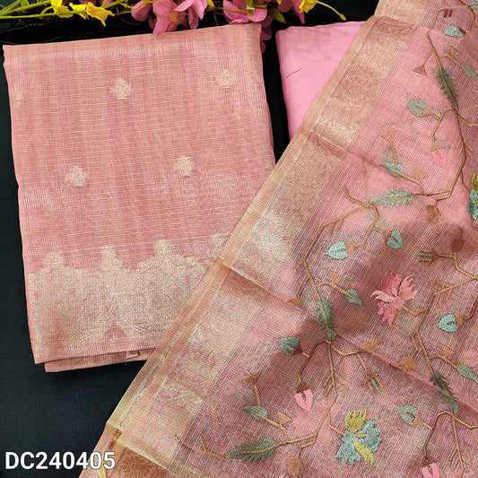 CODE DC240405 : Pastel pink with golden tint designer tissue silk cotton unstitched salwar material, zari buttas on front(thin fabric, lining needed)bright pink santoon bottom, heavy embroidered tissue silk cotton dupatta.