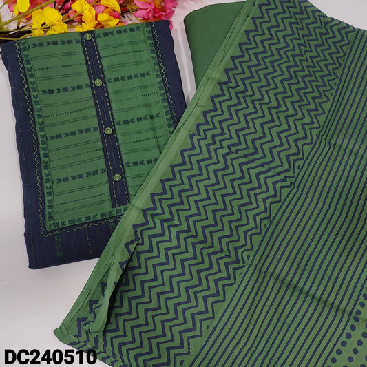 CODE DC240510 : Blue premium dobby cotton unstitched salwar material, thread work on yoke& front(lining optional)sobar green drum dyed pure soft cotton bottom, block printed pure mul cotton dupatta.