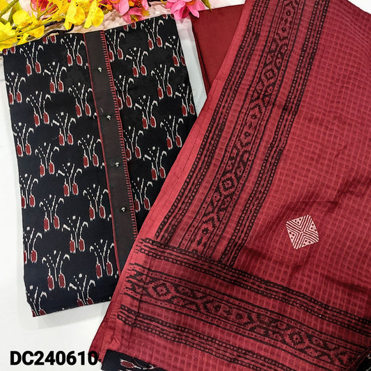 CODE DC240610 : Black ikat printed premium cotton unstitched salwar material, fancy buttons on yoke(lining optional)maroon cotton bottom, printed pure cotton dupatta with tapings.