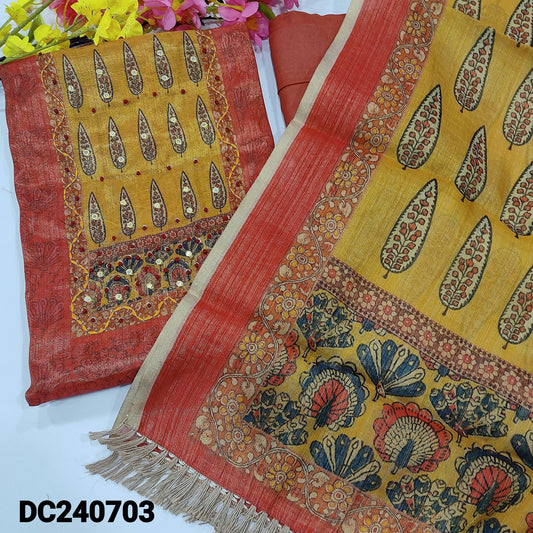 CODE DC240703 : Rust with golden tint sobar printed soft tissue silk cotton unstitched salwar material, hand embroidered on yoke(thin fabric, lining needed)matching santoon bottom, printed tissue silk cotton full length dupatta with tassels.