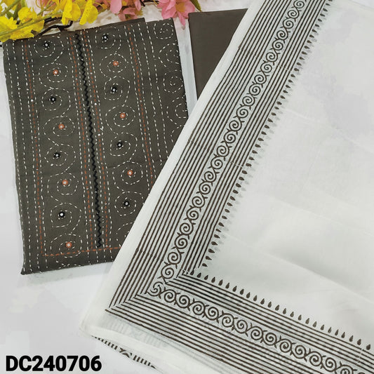 CODE DC240706 : Grey pure soft premium cotton unstitched salwar material, faux mirror work on yoke(lining needed)matching pure cotton bottom, block printed soft mul cotton dupatta.