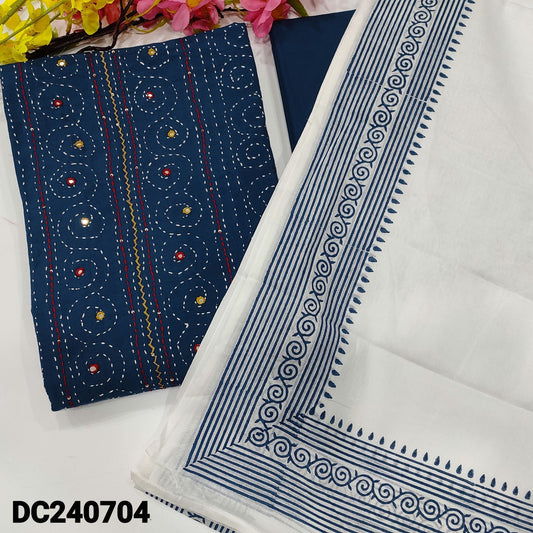 CODE DC240704 : Blue pure soft premium cotton unstitched salwar material, faux mirror work on yoke(lining needed)matching pure cotton bottom, block printed soft mul cotton dupatta.