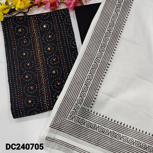 CODE DC240705 : Black pure soft premium cotton unstitched salwar material, faux mirror work on yoke(lining needed)matching pure cotton bottom, block printed soft mul cotton dupatta.