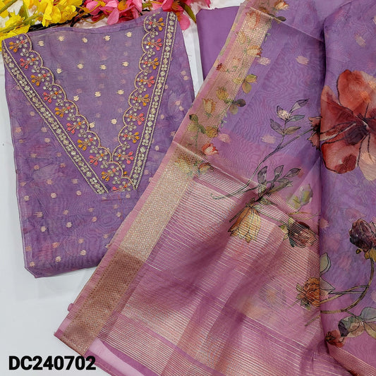 CODE DC240702 : Light purple sobar printed fancy organza unstitched salwar material, v neck with zari& sequins, zari buttas all over(thin, lining needed)matching spun cotton bottom, floral printed fancy organza dupatta with zari buttas& borders.