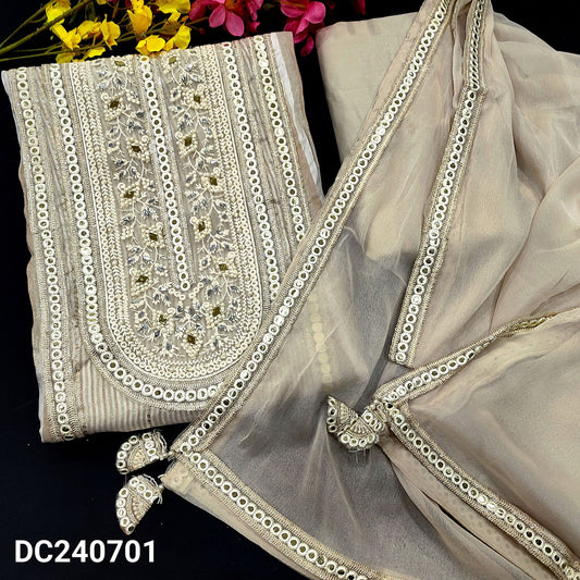 CODE DC240701 : Light beige tissue organza silk unstitched salwar material, heavy work on yoke, panel pattern on front(thin fabric, lining needed)matching santoon bottom, shimmer chiffon dupatta with foil& zari tapings.