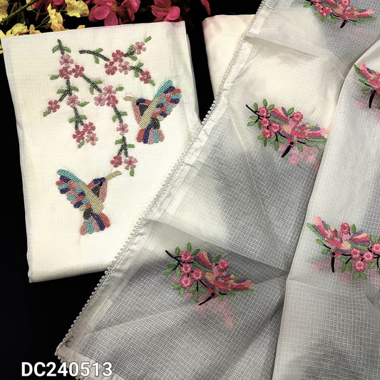 CODE DC240513 : Half white fancy kota unstitched salwar material, rich bead work on yoke(netted fabric, lining needed)matching santoon bottom, bird& floral embroidered fancy kota dupatta with lace tapings.