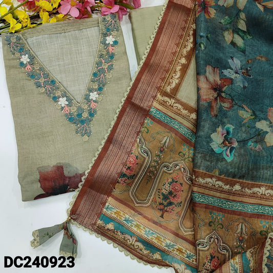 CODE DC240923 : Light greyish beige& dark greyish blue designer digital printed pure linen unstitched salwar material, v neck with hand embroidered on yoke(thin fabric, lining needed)matching cotton bottom, digital printed pure linen dupatta.