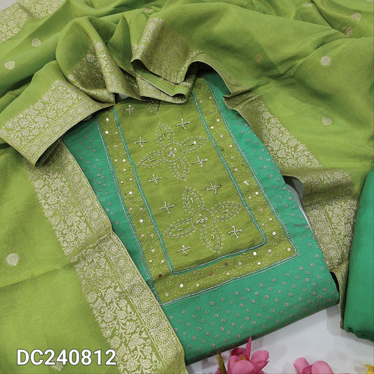 CODE DC240812 : Turquoise green tissue organza silk semi stitched salwar material, zardozi& sequins work on yoke(thin fabric, lining needed can stifch up to XL Size)matching santoon bottom, pure tissue organza silk dupatta with zari woven buttas& borders.