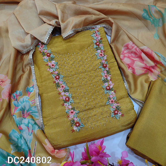 CODE DC240802 : Mehandhi yellow with golden tint designer tissue organza silk unstitched salwar material, rich bead work on yoke(thin fabric, lining needed)matching santoon bottom, digital printed tissue organza silk dupatta with lace tapings.