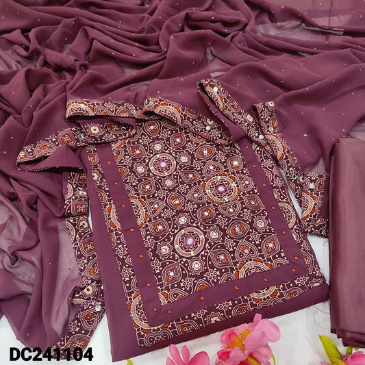 CODE DC241104 : Light beetroot purple semi georgette unstitched salwar material, ajrak printed yoke with real mirror work(lining needed)matching silky fabric provided for both bottom &lining, glitter dew drop work on semi georgette dupatta.