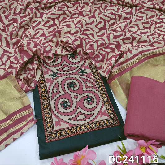 CODE DC241116 : Dark green satin cotton unstitched salwar material, batik dyed yoke patch with thread& sequins work(lining optional)pink drum dyed pure cotton bottom, batik dyed premium soft silk cotton dupatta with gold tissue pallu.