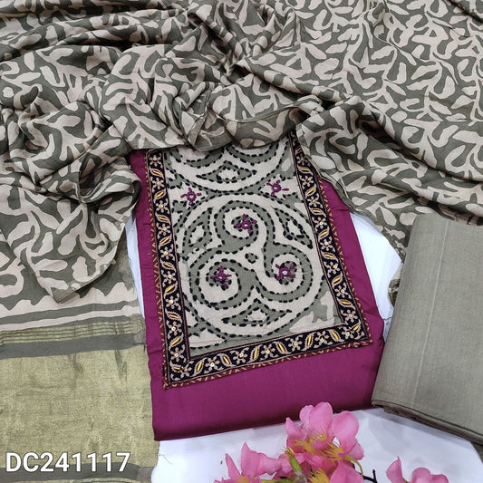 CODE DC241117 : Beetroot purple satin cotton unstitched salwar material, batik dyed yoke patch with thread& sequins work(lining optional)light grey drum dyed pure cotton bottom, batik dyed premium soft silk cotton dupatta with gold tissue pallu.