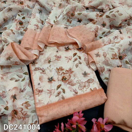 CODE DC241004 : Pastel peach printed premium semi linen unstitched salwar material, thread& sequins work on yoke(thin fabric, lining  needed)matching santoon bottom, printed semi linen dupatta.