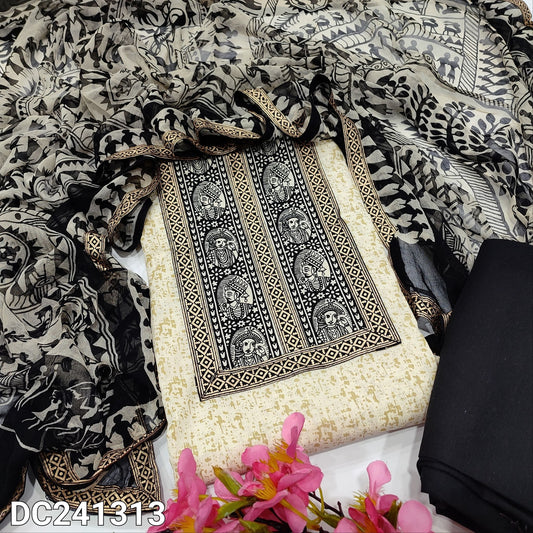 CODE DC241313 : Half white base abstract printed pure soft cotton unstitched salwar material, printed yoke patch(lining needed)black drum dyed pure soft cotton bottom, warli printed full length pure chiffon dupatta with tapings.