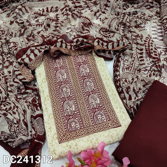 CODE DC241312 : Half white base abstract printed pure soft cotton unstitched salwar material, printed yoke patch(lining needed)dark maroon drum dyed pure soft cotton bottom, warli printed full length pure chiffon dupatta with tapings.