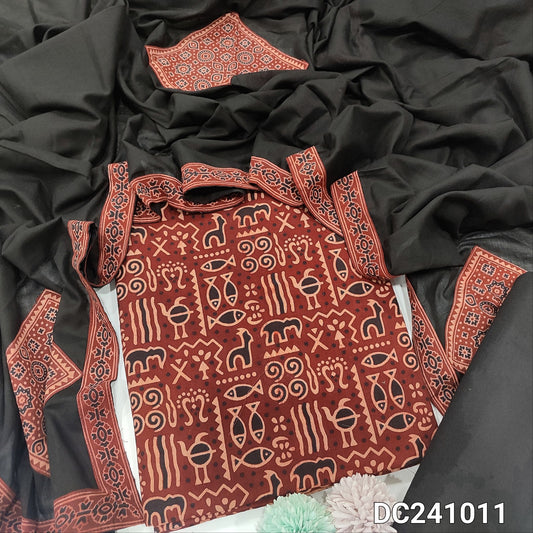 CODE DC241011 : Maroon ajrak hand block printed pure cotton unstitched salwar material(lining optional)black cotton bottom, pure cotton dupatta with applique work& tapings.