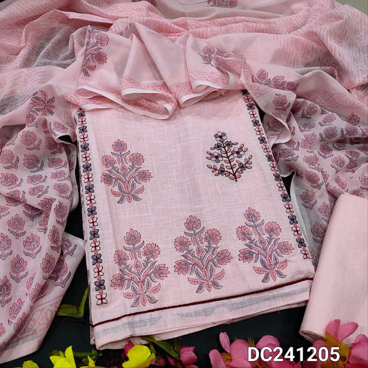 CODE DC241205 : Baby pink block printed slub cotton unstitched salwar material, panel pattern & embroidered on front(lining needed)thin cotton fabric provided for lining, NO BOTTOM, block printed premium mul cotton dupatta