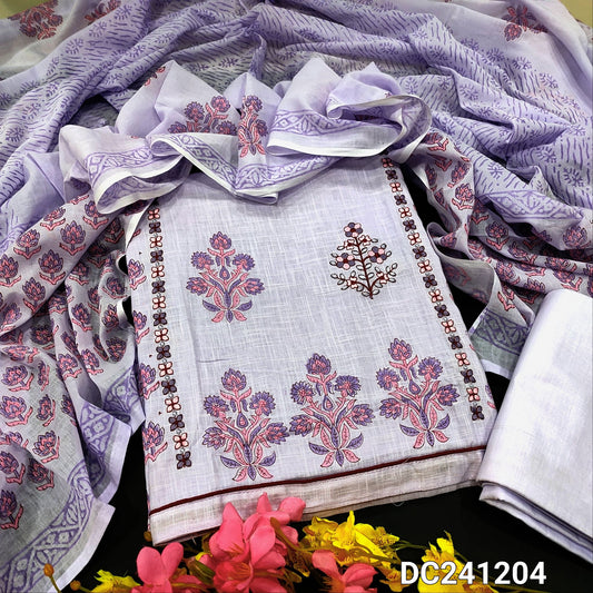 CODE DC241204 : Lavender block printed slub cotton unstitched salwar material, panel pattern & embroidered on front(lining needed)thin cotton fabric provided for lining, NO BOTTOM, block printed premium mul cotton dupatta