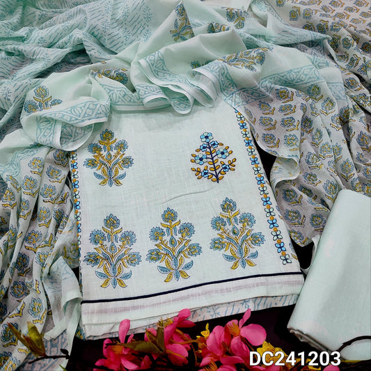 CODE DC241203 : Pastel blue block printed slub cotton unstitched salwar material, panel pattern & embroidered on front(lining needed)thin cotton fabric provided for lining, NO BOTTOM, block printed premium mul cotton dupatta.