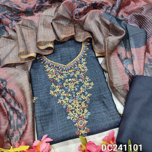 CODE DC241101 : Dark blue premium jute silk unstitched salwar material, hand embroidered on yoke& front(thin fabric, lining needed)matching santoon bottom, ikat printed premium jute silk full length  dupatta