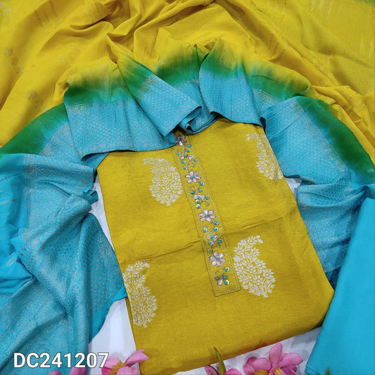 CODE DC241207 : Bright mehandhi yellow designer pure dola silk unstitched salwar material, zardozi& thread work on yoke, zari weaving on front(silky, lining needed)light turquoise blue spun cotton bottom, dual shaded soft silk cotton dupatta.