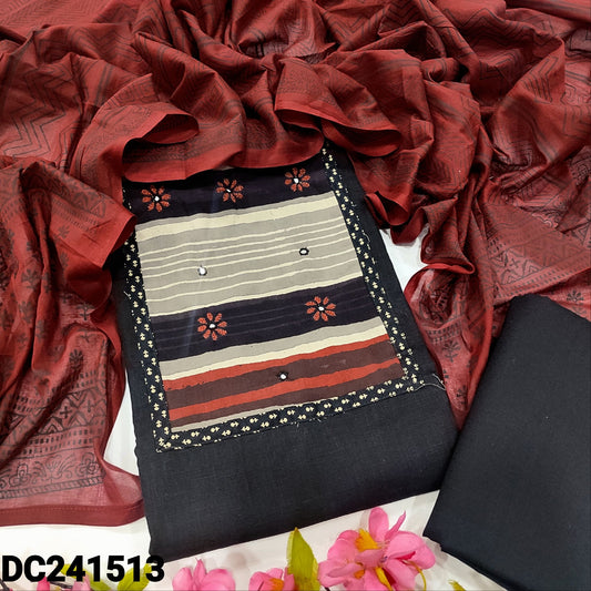 CODE DC241513 : Black premium cotton unstitched salwar material, ajrak printed yoke patch with thread& faux mirror work(lining optional)matching cotton bottom, block printed pure cotton dupatta.