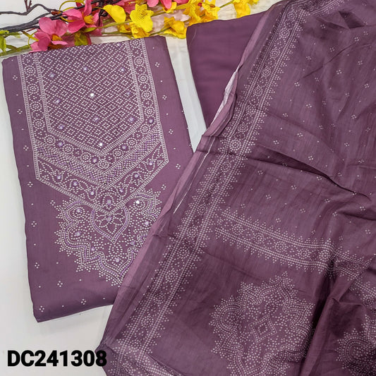 CODE DC241308 : Dark mauve bandhini printed satin cotton unstitched salwar material, faux mirror work on yoke(thin fabric, lining needed)matching spun cotton bottom, bandhini printed pure soft cotton dupatta.