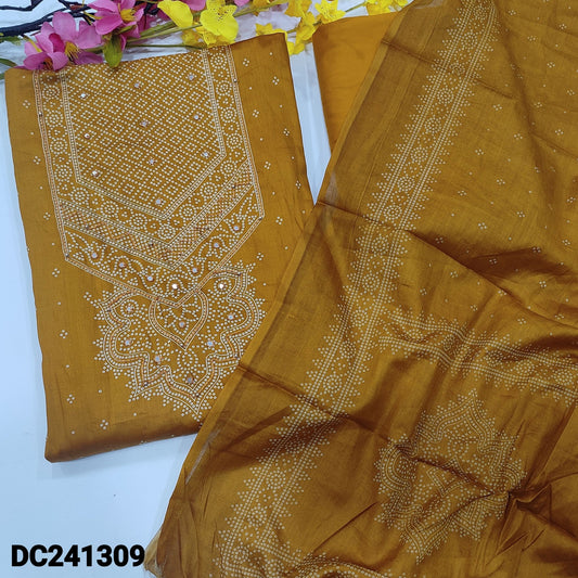 CODE DC241309 : Bright mehandhi yellow bandhini printed satin cotton unstitched salwar material, faux mirror work on yoke(thin fabric, lining needed)matching spun cotton bottom, bandhini printed pure soft cotton dupatta.