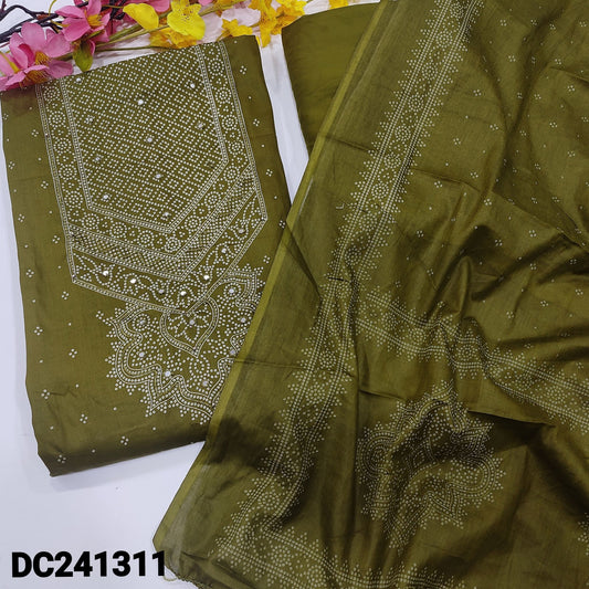 CODE DC241311 : Olive green bandhini printed satin cotton unstitched salwar material, faux mirror work on yoke(thin fabric, lining needed)matching spun cotton bottom, bandhini printed pure soft cotton dupatta.