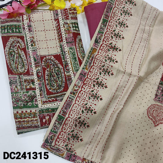 CODE DC241315 : Multi color abstract printed pure kantha cotton unstitched salwar material, thread& lace work on yoke(lining needed)pink cotton bottom, block printed premium soft silk cotton dupatta with kantha stitch, patch work &tapings.