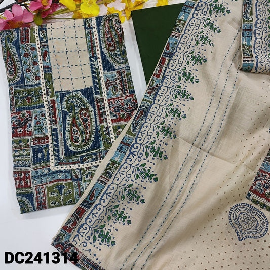 CODE DC241314 : Multi color abstract printed pure kantha cotton unstitched salwar material, thread& lace work on yoke(lining needed)dark olive green cotton bottom, block printed premium soft silk cotton dupatta with kantha stitch, patch work &tapings.