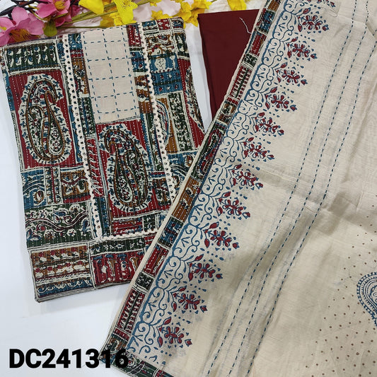 CODE DC241316 : Multi color abstract printed pure kantha cotton unstitched salwar material, thread& lace work on yoke(lining needed)maroon cotton bottom, block printed premium soft silk cotton dupatta with kantha stitch, patch work &tapings.