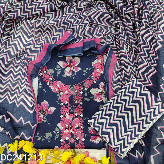 CODE DC241213 : Navy blue floral printed soft cotton unstitched salwar material, embroidered on yoke(lining optional)zig zag printed pure cotton bottom, zig zag printed pure soft cotton dupatta.