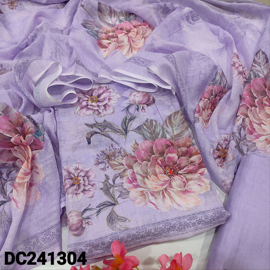 CODE DC241304 : Lavender floral printed semi linen unstitched salwar material, bead work on yoke(thin fabric, lining needed)matching santoon bottom, floral printed semi linen dupatta