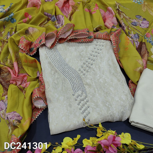 CODE DC241301 : Ivory tissue organza silk unstitched salwar material, y neck with bead work, self weaving design on front(thin fabric, lining needed)matching santoon bottom, digital printed short width soft silk cotton dupatta with kota lace work.