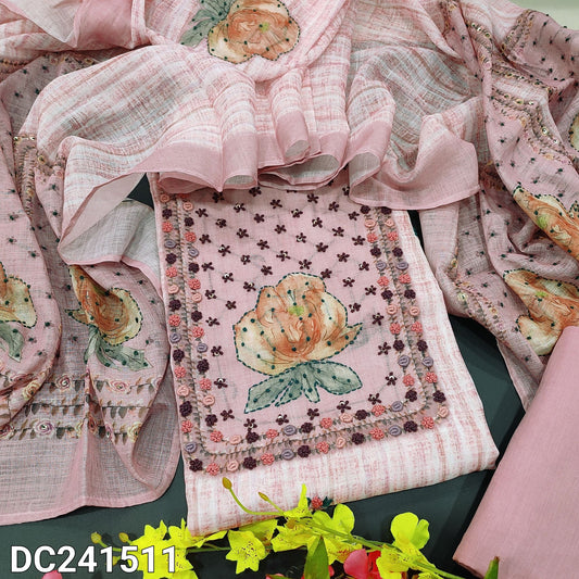 CODE DC241511 : Pastel pink semi linen unstitched salwar material, rich hand embroidered on yoke& front(lining needed)drum dyed cotton fabric provided for lining, NO BOTTOM, rich hand embroidered silk cotton dupatta.