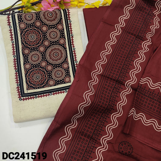 CODE DC241519 : Half white base jute flex cotton unstitched salwar material, ajrak block printed yoke with real mirror work(lining optional)maroon cotton bottom, block printed pure soft cotton dupatta.