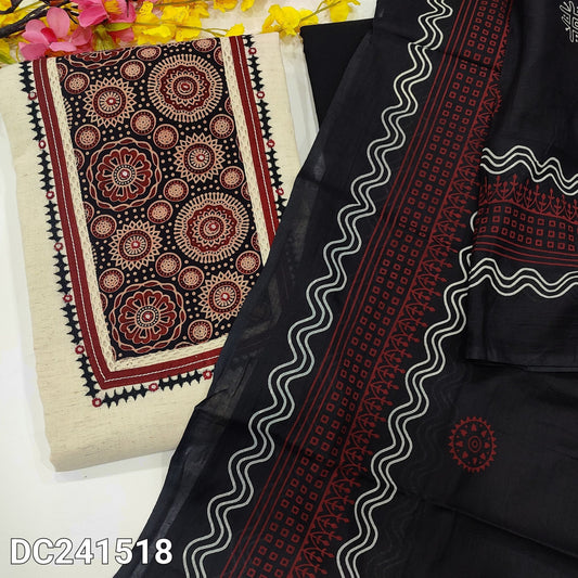 CODE DC241518 : Half white base jute flex cotton unstitched salwar material, ajrak block printed yoke with real mirror work(lining optional)black cotton bottom, block printed pure soft cotton dupatta.