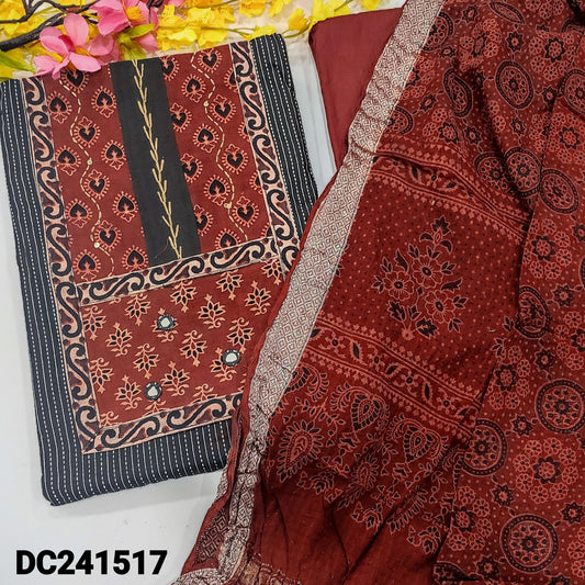 CODE DC241517 : Black pure kantha cotton unstitched salwar material, ajrak printed yoke(lining optional)maroon cotton bottom, ajrak block printed pure cotton dupatta with gold tissue border(REQUIRES TAPINGS).