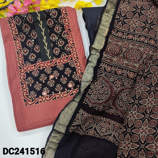 CODE DC241516 : Maroon pure kantha cotton unstitched salwar material, ajrak printed yoke(lining optional)Black cotton bottom, ajrak block printed pure cotton dupatta with gold tissue border(REQUIRES TAPINGS).