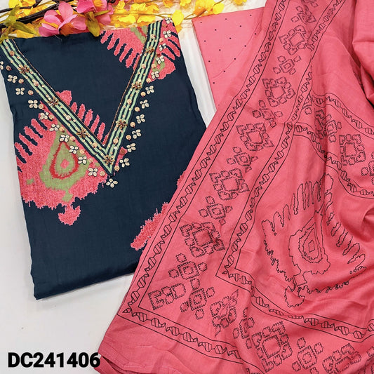 CODE DC241406 : Dark blue base printed pure soft cotton unstitched salwar material, v neck with bead& sequins work(lining optional)pink printed cotton bottom, full length printed pure cotton dupatta.