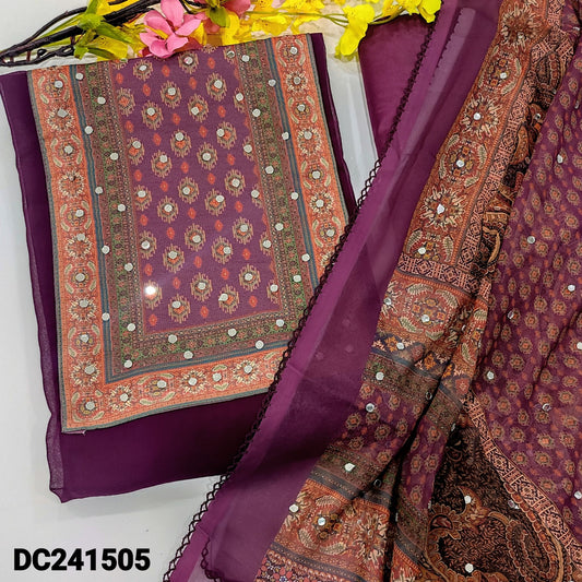 CODE DC241505 : Dark beetroot purple semi georgette unstitched salwar material, digital printed yoke with real mirror(thin, lining needed)matching silky fabric provided for both bottom& lining, digital printed semi georgette dupatta with real mirror work.