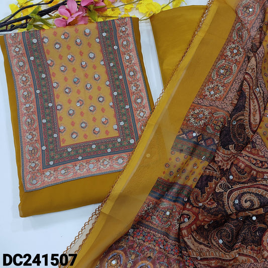 CODE DC241507 : Mehandhi yellow semi georgette unstitched salwar material, digital printed yoke with real mirror work(thin, lining needed)matching silky fabric provided for both bottom& lining, digital printed semi georgette dupatta with real mirror work.