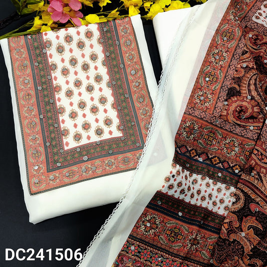 CODE DC241506 : Half white semi georgette unstitched salwar material, digital printed yoke with real mirror work(thin, lining needed)matching silky fabric provided for both bottom& lining, digital printed semi georgette dupatta with real mirror work.