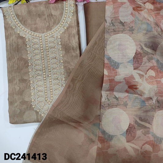 CODE DC241413 : Rich beige with golden tint digital printed tissue silk cotton unstitched salwar material, thread& sequins work on yoke(thin fabric, lining needed)matching silky bottom, dual shaded digital printed silk cotton dupatta.