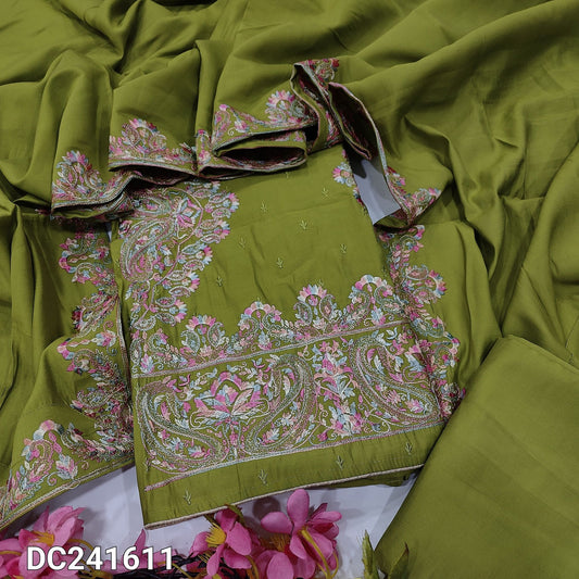 CODE DC241611 : Tender leaf green self embroidered designer premium silk cotton unstitched salwar material, panel pattern embroidered on front(silky fabric, lining needed)matching silk cotton bottom, embroidered premium silk cotton full length dupatta.