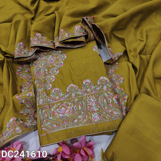 CODE DC241610 : Mehandhi yellow self embroidered designer premium silk cotton unstitched salwar material, panel pattern embroidered on front(silky fabric, lining needed)matching silk cotton bottom, embroidered premium silk cotton full length dupatta.