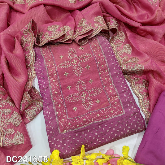 CODE DC241608 : Purplish pink pure tissue organza silk semi stitched salwar material, zardozi& sequins work on yoke(thin, lining needed can stitch up to XL Size)matching santoon bottom, pure tissue organza silk dupatta with zari buttas& borders.