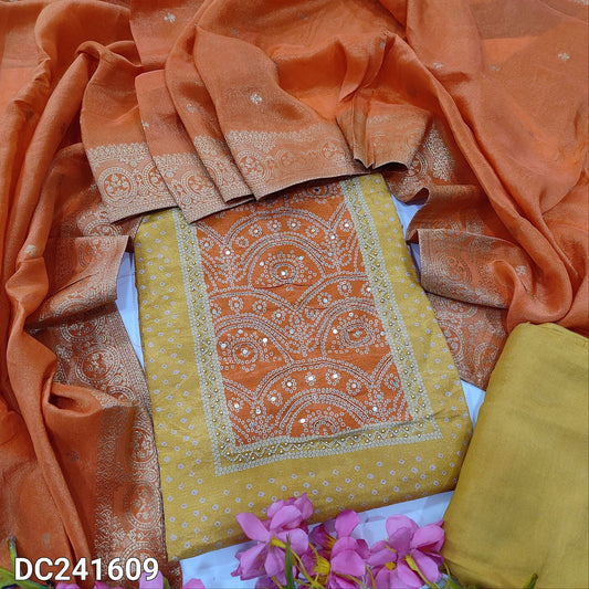 CODE DC241609 : Mehandhi yellow pure tissue organza silk semi stitched salwar material, zardozi& sequins work on yoke(thin, lining needed can stitch up to XL Size)matching santoon bottom, pure tissue organza silk dupatta with zari buttas& borders.