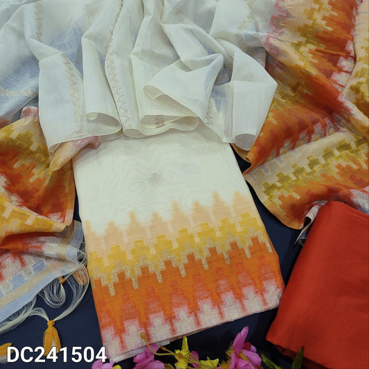 CODE DC241504 : Half white base jamdani woven premium silk cotton unstitched salwar material(thin fabric, lining needed)orange silk cotton bottom, jamdani woven premium silk cotton dupatta with tassels.